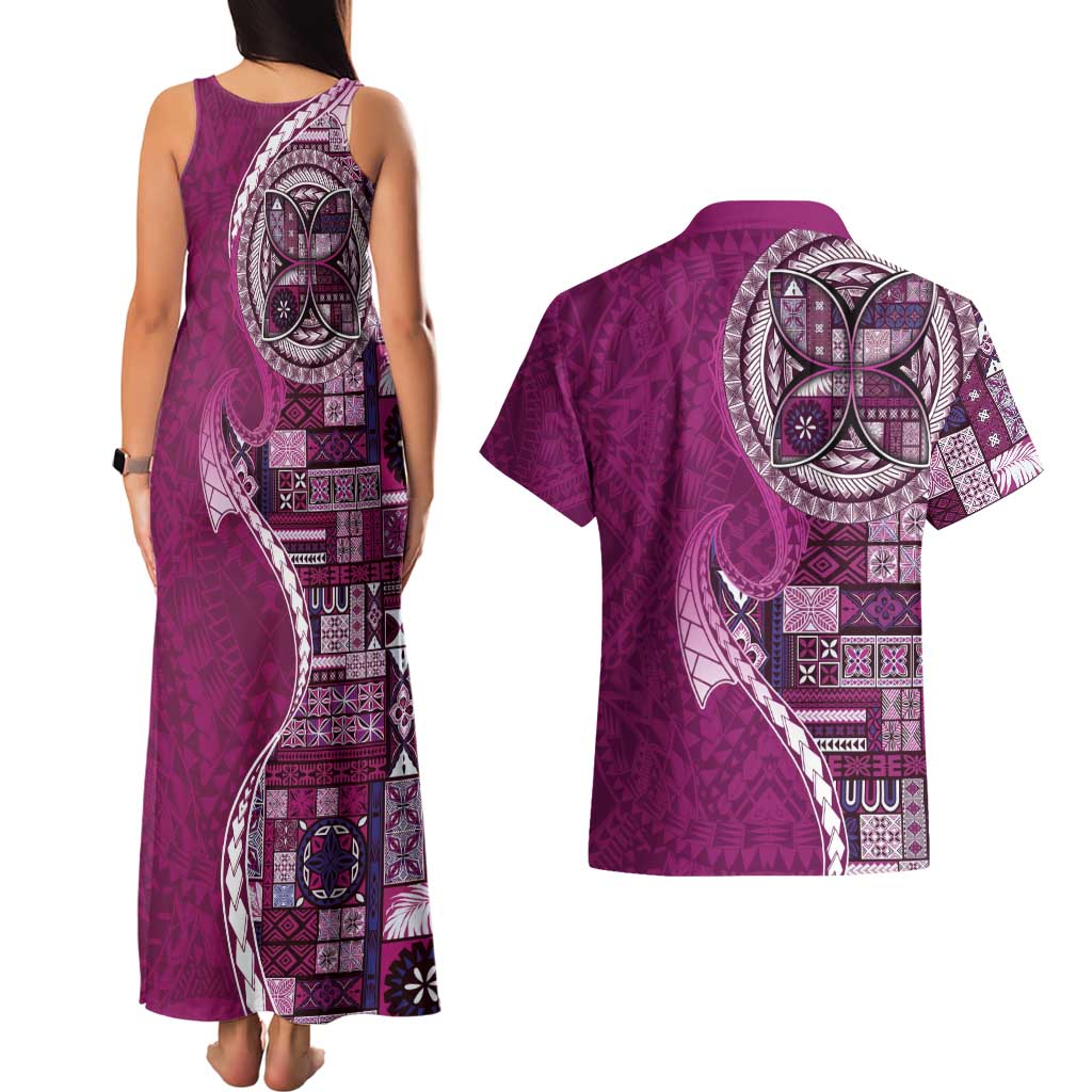 Samoan Siapo Art Tattoo Polynesian Pattern Couples Matching Tank Maxi Dress and Hawaiian Shirt Pink Color LT03 - Polynesian Pride