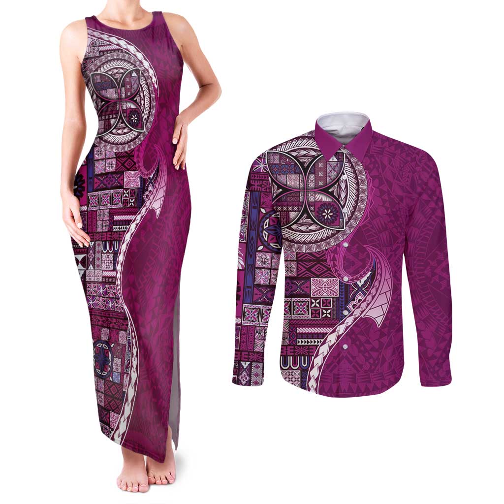 Samoan Siapo Art Tattoo Polynesian Pattern Couples Matching Tank Maxi Dress and Long Sleeve Button Shirt Pink Color - Polynesian Pride