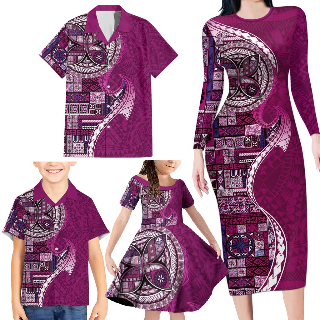 Samoan Siapo Art Tattoo Polynesian Pattern Family Matching Long Sleeve Bodycon Dress and Hawaiian Shirt Pink Color LT03 - Polynesian Pride