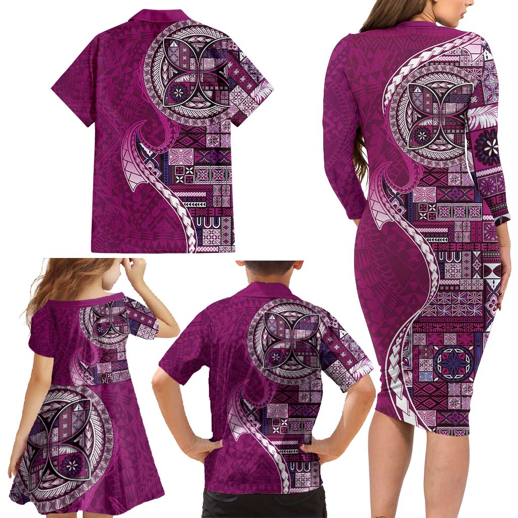 Samoan Siapo Art Tattoo Polynesian Pattern Family Matching Long Sleeve Bodycon Dress and Hawaiian Shirt Pink Color LT03 - Polynesian Pride