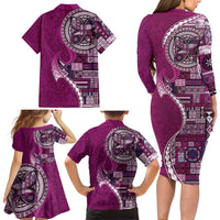 Samoan Siapo Art Tattoo Polynesian Pattern Family Matching Long Sleeve Bodycon Dress and Hawaiian Shirt Pink Color LT03 - Polynesian Pride