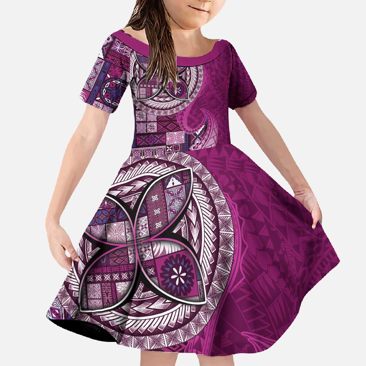 Samoan Siapo Art Tattoo Polynesian Pattern Family Matching Off The Shoulder Long Sleeve Dress and Hawaiian Shirt Pink Color LT03 Daughter's Dress Pink - Polynesian Pride