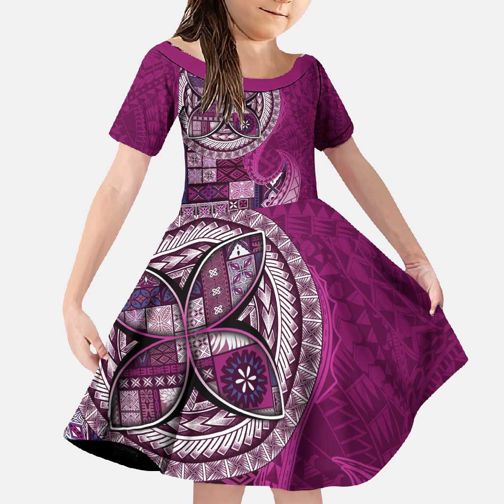 Samoan Siapo Art Tattoo Polynesian Pattern Family Matching Off Shoulder Maxi Dress and Hawaiian Shirt Pink Color LT03 Daughter's Dress Pink - Polynesian Pride