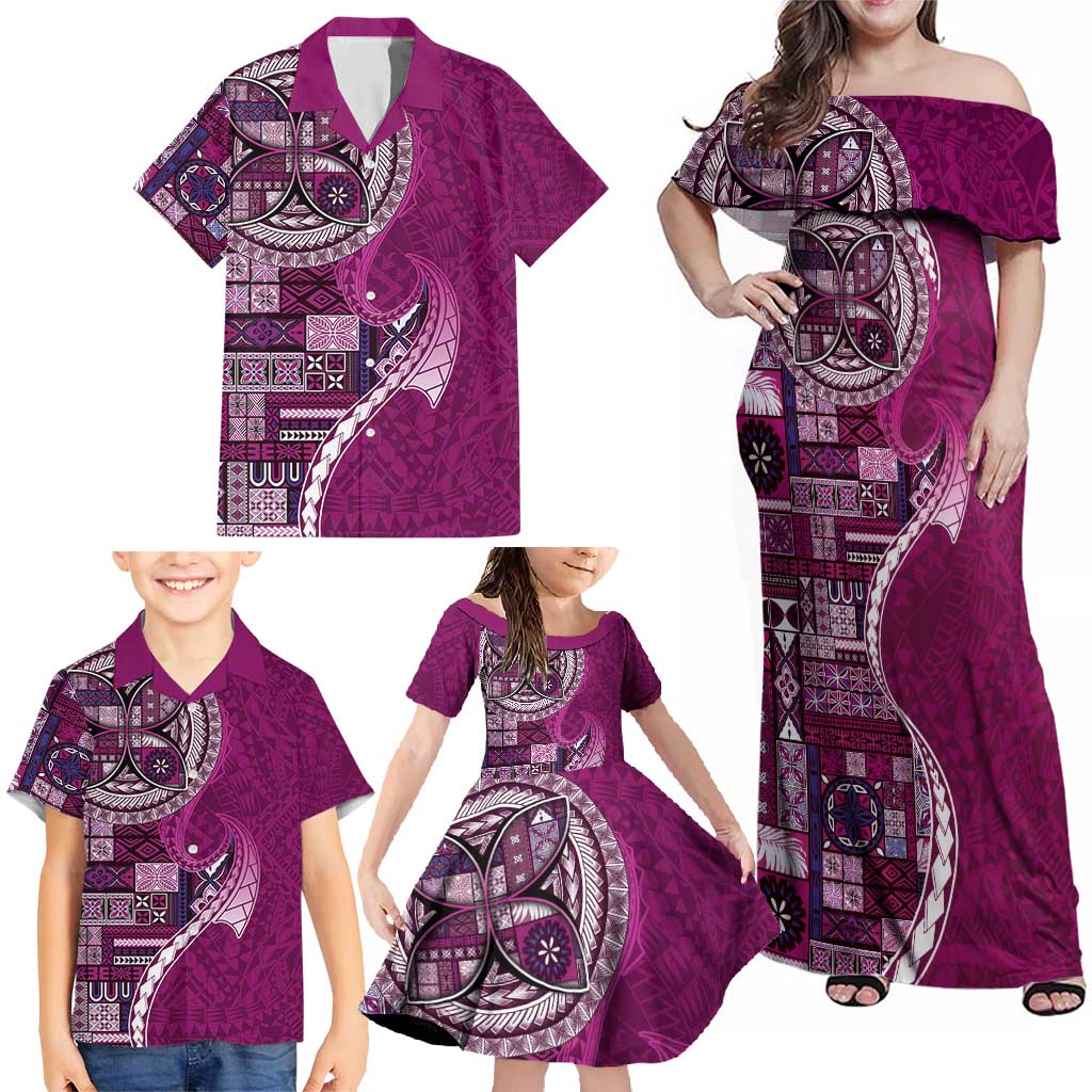 Samoan Siapo Art Tattoo Polynesian Pattern Family Matching Off Shoulder Maxi Dress and Hawaiian Shirt Pink Color LT03 - Polynesian Pride