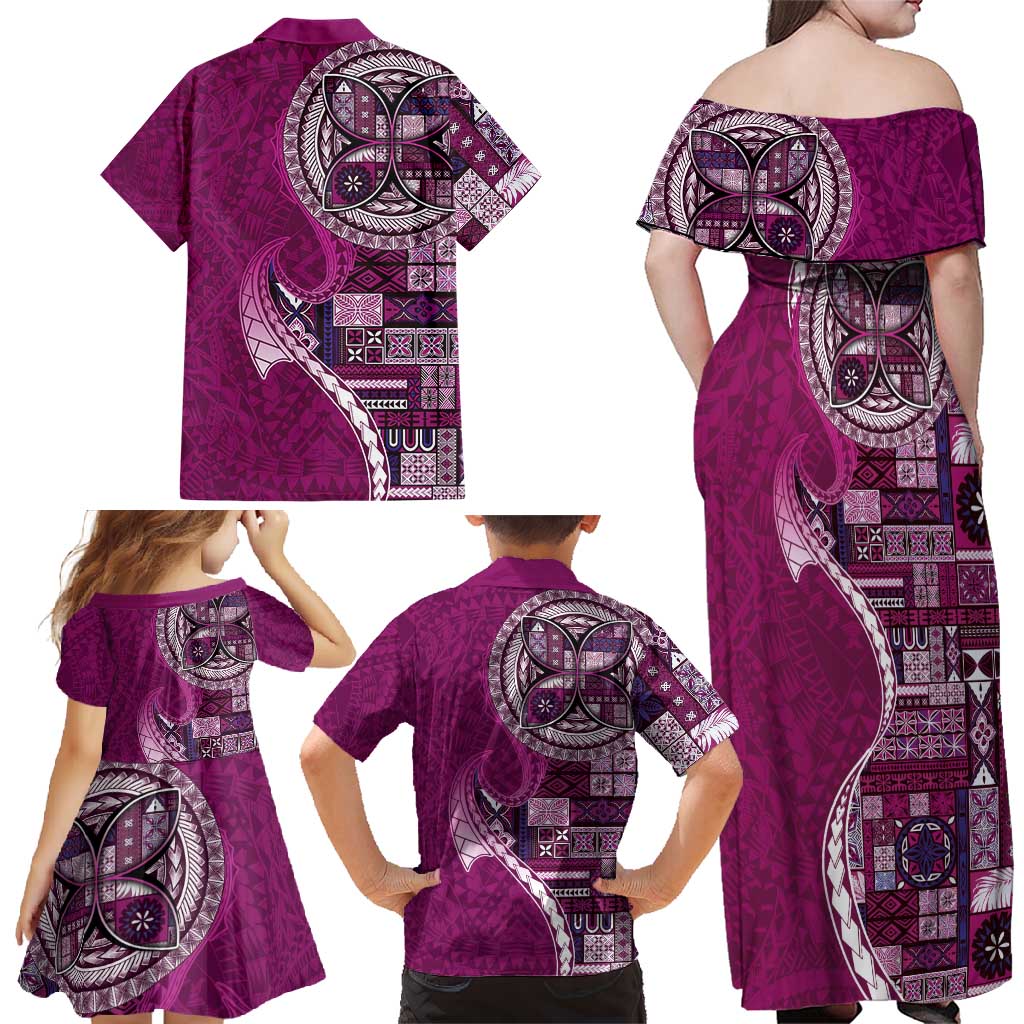 Samoan Siapo Art Tattoo Polynesian Pattern Family Matching Off Shoulder Maxi Dress and Hawaiian Shirt Pink Color LT03 - Polynesian Pride