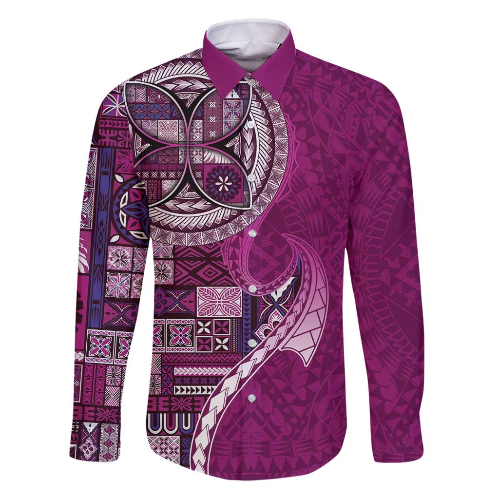 Samoan Siapo Art Tattoo Polynesian Pattern Family Matching Off Shoulder Maxi Dress and Hawaiian Shirt Pink Color LT03 Dad's Shirt - Long Sleeve Pink - Polynesian Pride