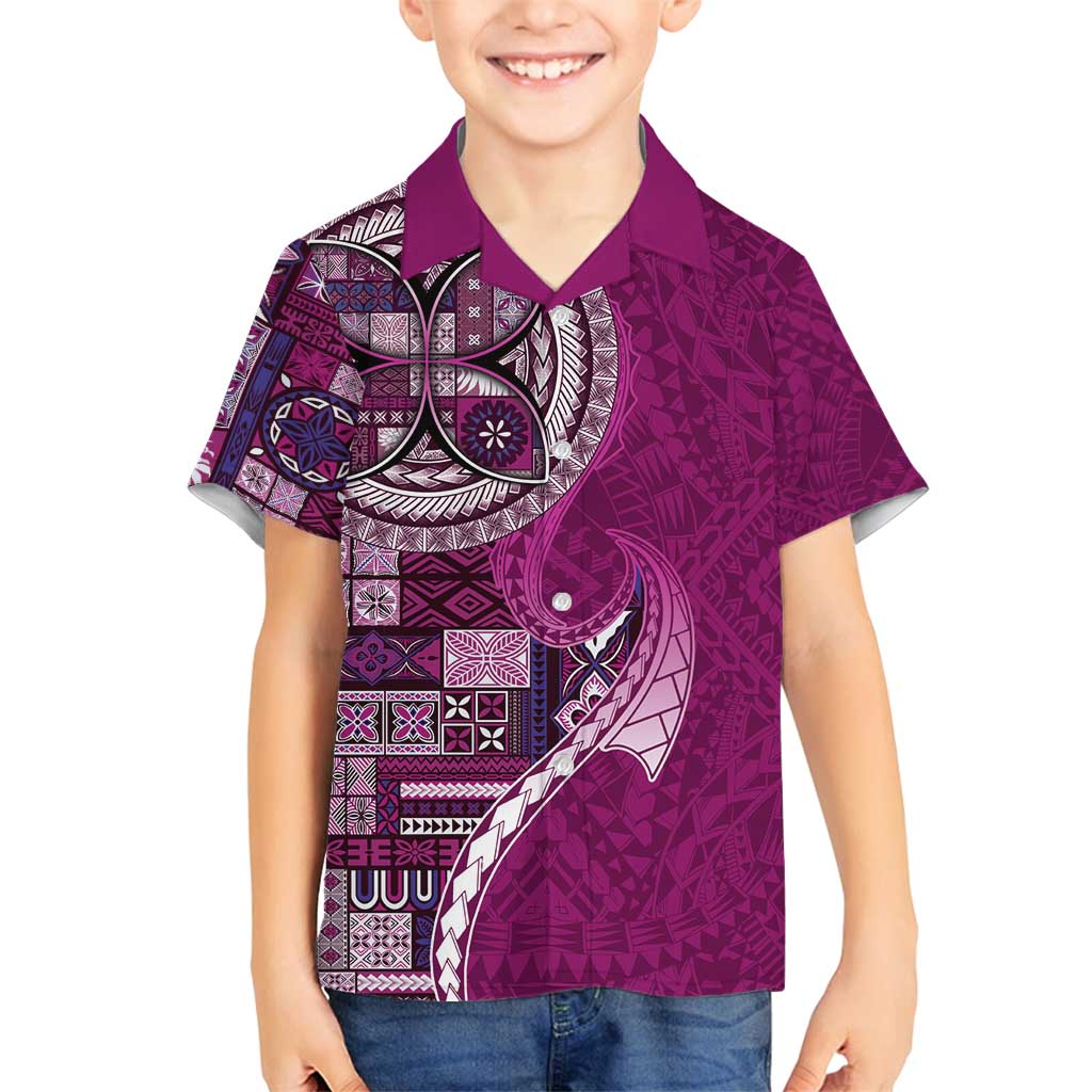 Samoan Siapo Art Tattoo Polynesian Pattern Family Matching Off Shoulder Maxi Dress and Hawaiian Shirt Pink Color LT03 Son's Shirt Pink - Polynesian Pride