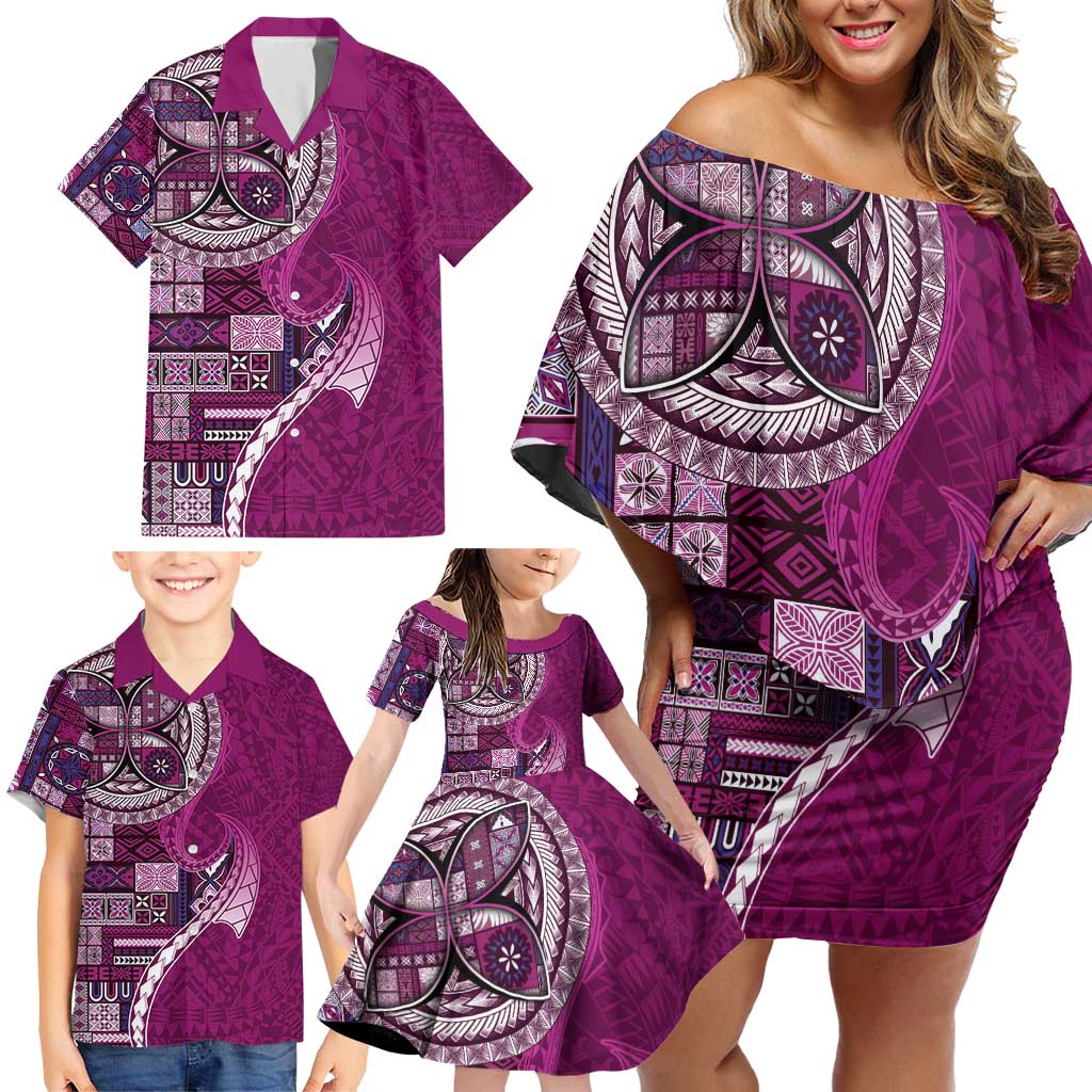 Samoan Siapo Art Tattoo Polynesian Pattern Family Matching Off Shoulder Short Dress and Hawaiian Shirt Pink Color LT03 - Polynesian Pride
