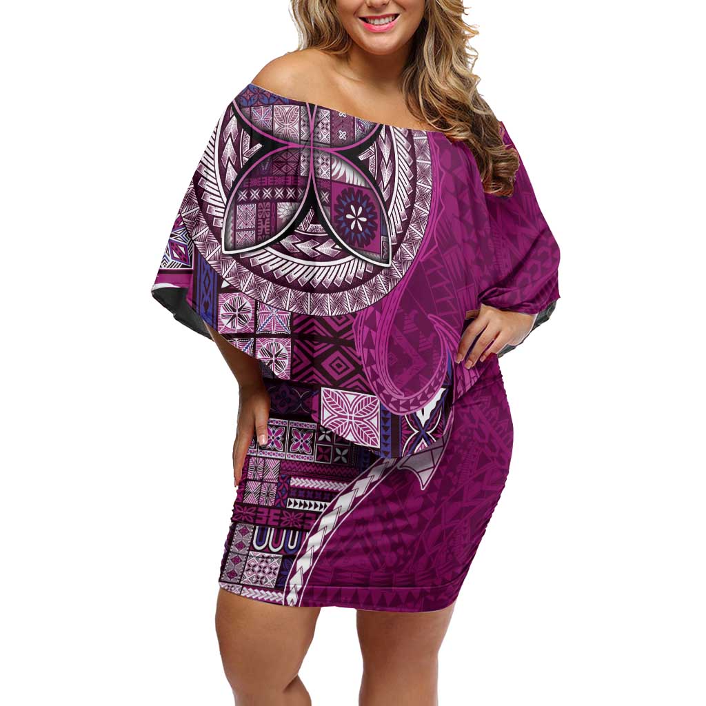 Samoan Siapo Art Tattoo Polynesian Pattern Family Matching Off Shoulder Short Dress and Hawaiian Shirt Pink Color LT03 Mom's Dress Pink - Polynesian Pride