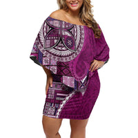 Samoan Siapo Art Tattoo Polynesian Pattern Family Matching Off Shoulder Short Dress and Hawaiian Shirt Pink Color LT03 Mom's Dress Pink - Polynesian Pride