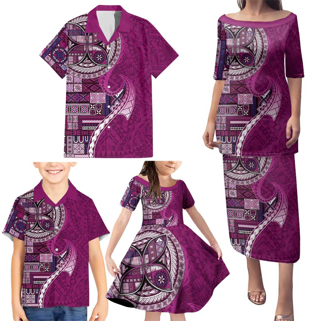 Samoan Siapo Art Tattoo Polynesian Pattern Family Matching Puletasi and Hawaiian Shirt Pink Color LT03 - Polynesian Pride