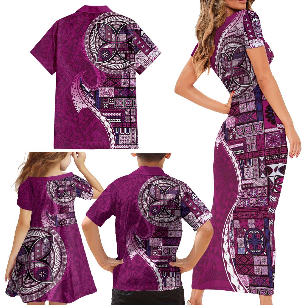 Samoan Siapo Art Tattoo Polynesian Pattern Family Matching Short Sleeve Bodycon Dress and Hawaiian Shirt Pink Color LT03 - Polynesian Pride