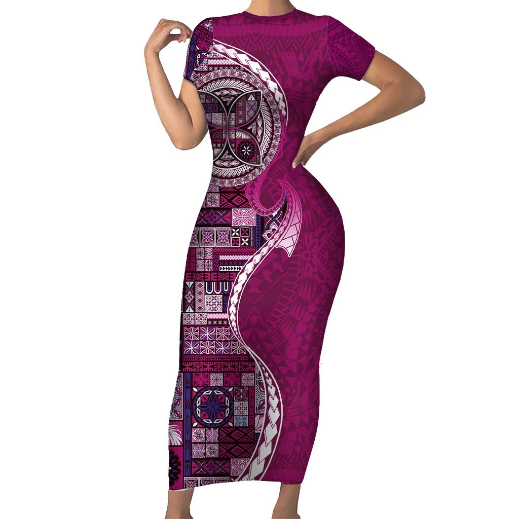 Samoan Siapo Art Tattoo Polynesian Pattern Family Matching Short Sleeve Bodycon Dress and Hawaiian Shirt Pink Color LT03 Mom's Dress Pink - Polynesian Pride