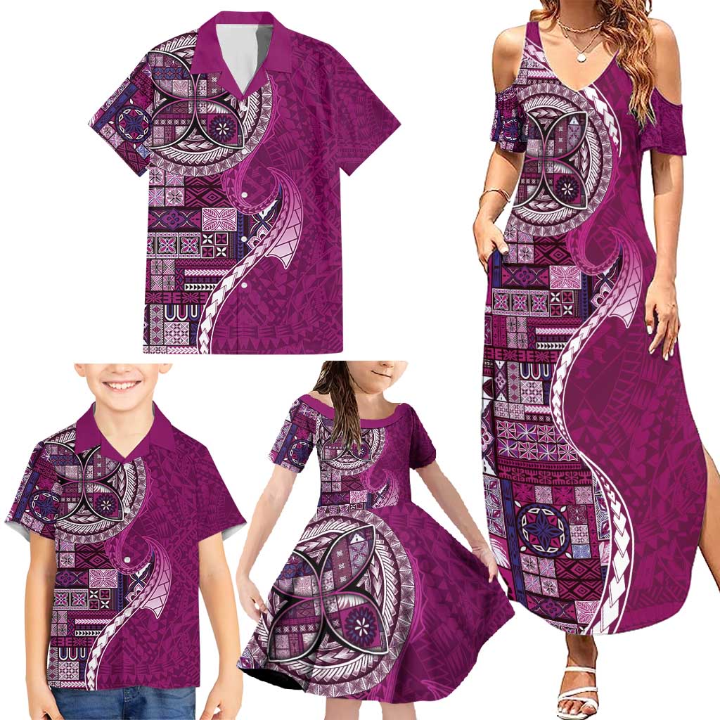 Samoan Siapo Art Tattoo Polynesian Pattern Family Matching Summer Maxi Dress and Hawaiian Shirt Pink Color LT03 - Polynesian Pride