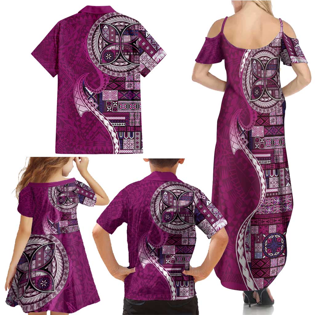 Samoan Siapo Art Tattoo Polynesian Pattern Family Matching Summer Maxi Dress and Hawaiian Shirt Pink Color LT03 - Polynesian Pride