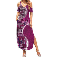 Samoan Siapo Art Tattoo Polynesian Pattern Family Matching Summer Maxi Dress and Hawaiian Shirt Pink Color LT03 Mom's Dress Pink - Polynesian Pride