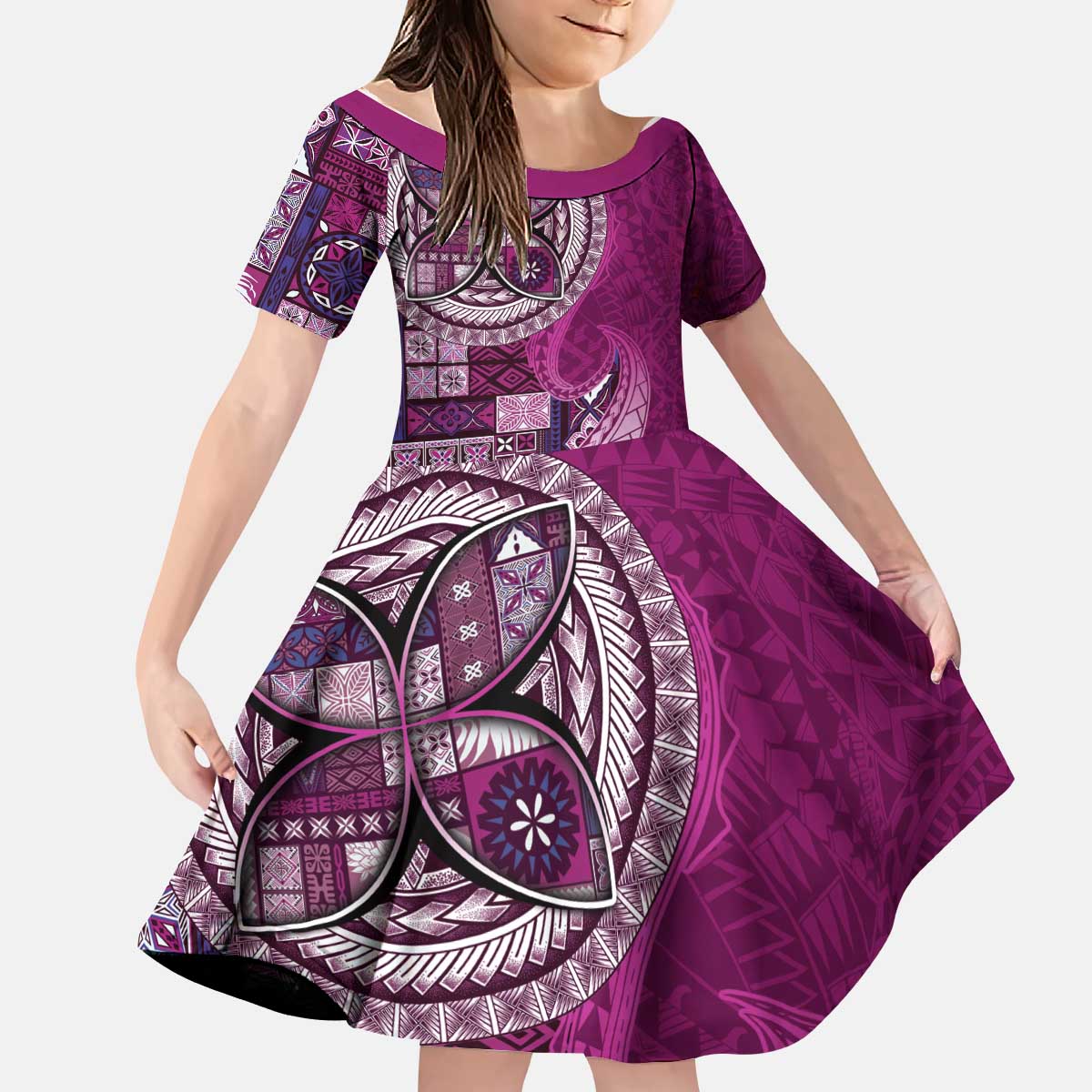 Samoan Siapo Art Tattoo Polynesian Pattern Kid Short Sleeve Dress Pink Color LT03 KID Pink - Polynesian Pride