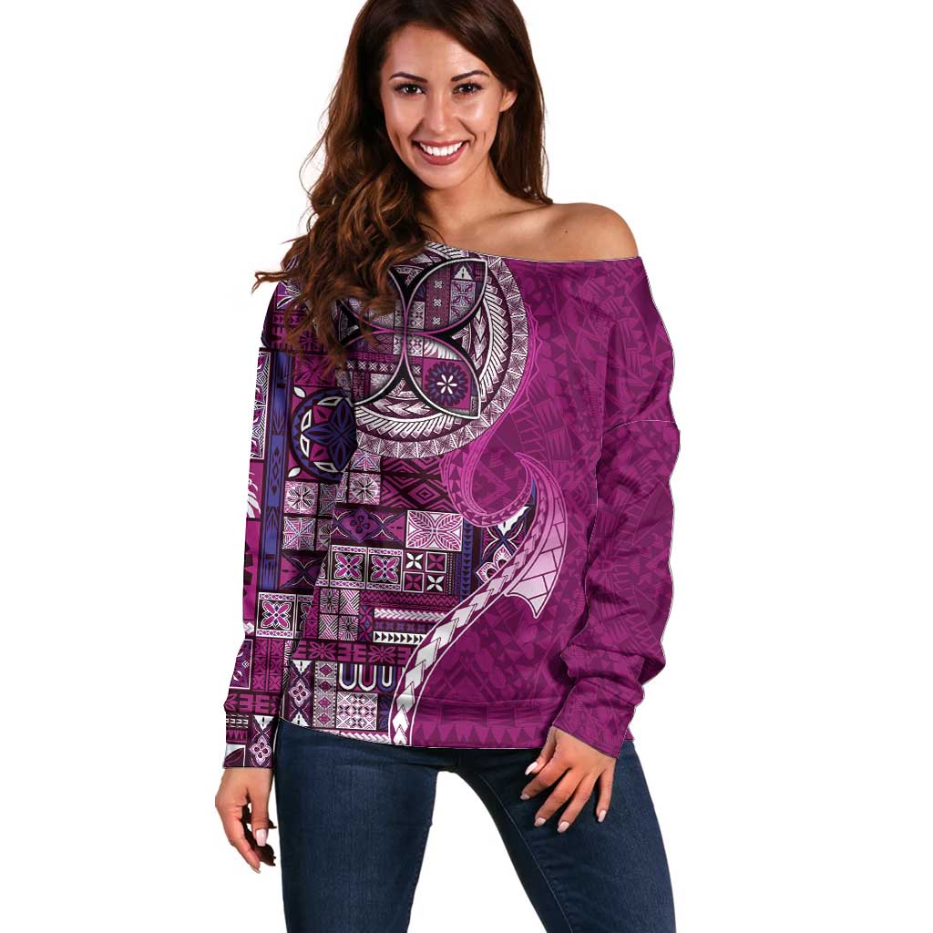Samoan Siapo Art Tattoo Polynesian Pattern Off Shoulder Sweater Pink Color LT03 Women Pink - Polynesian Pride