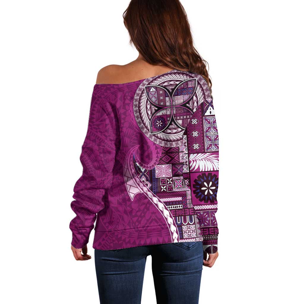 Samoan Siapo Art Tattoo Polynesian Pattern Off Shoulder Sweater Pink Color LT03 - Polynesian Pride