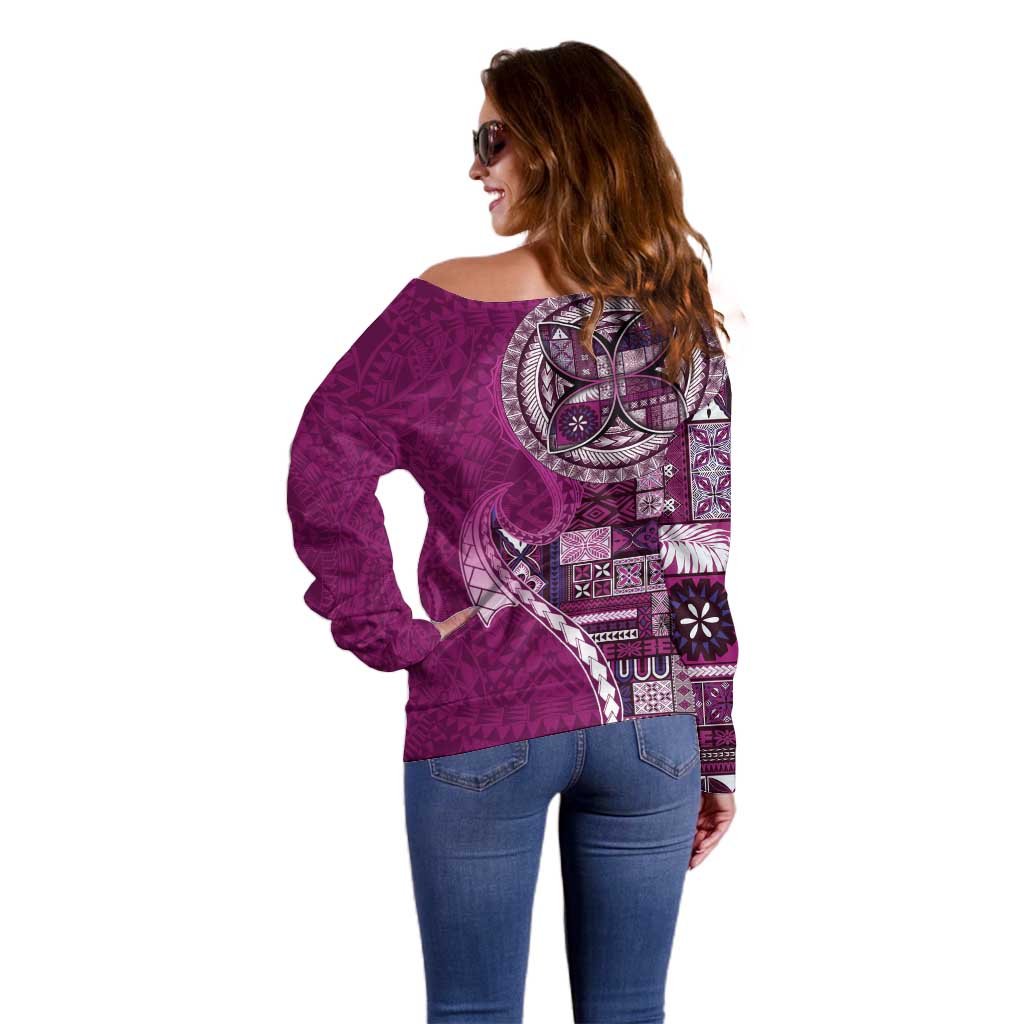 Samoan Siapo Art Tattoo Polynesian Pattern Off Shoulder Sweater Pink Color LT03 - Polynesian Pride