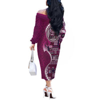 Samoan Siapo Art Tattoo Polynesian Pattern Off The Shoulder Long Sleeve Dress Pink Color - Polynesian Pride