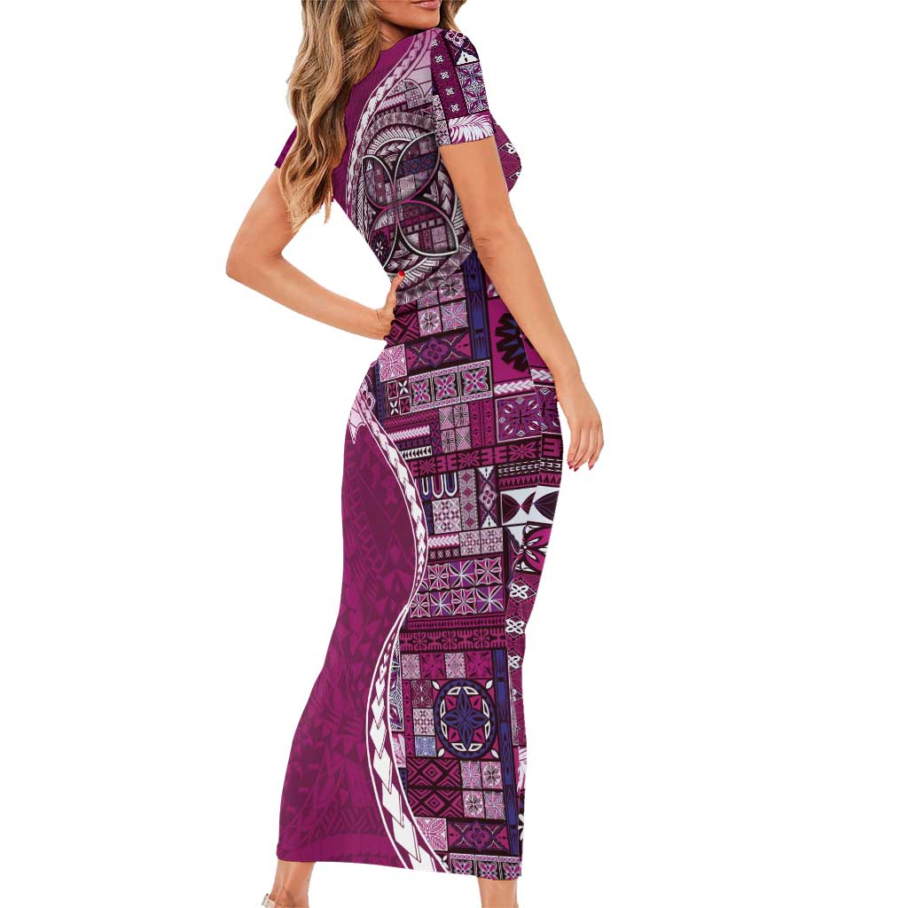 Samoan Siapo Art Tattoo Polynesian Pattern Short Sleeve Bodycon Dress Pink Color - Polynesian Pride