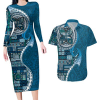Samoan Siapo Art Tattoo Polynesian Pattern Couples Matching Long Sleeve Bodycon Dress and Hawaiian Shirt Teal Color LT03 Teal - Polynesian Pride