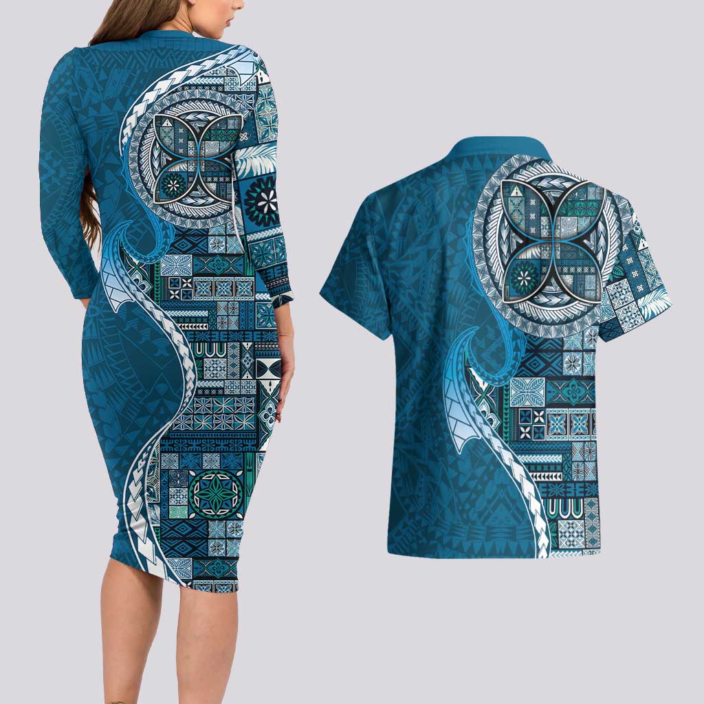 Samoan Siapo Art Tattoo Polynesian Pattern Couples Matching Long Sleeve Bodycon Dress and Hawaiian Shirt Teal Color LT03 - Polynesian Pride