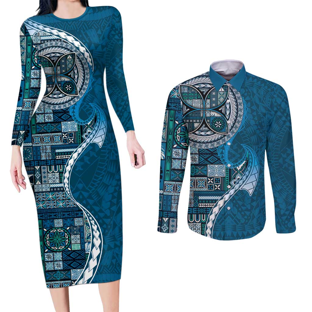 Samoan Siapo Art Tattoo Polynesian Pattern Couples Matching Long Sleeve Bodycon Dress and Long Sleeve Button Shirt Teal Color LT03 Teal - Polynesian Pride
