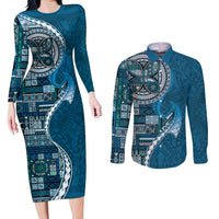 Samoan Siapo Art Tattoo Polynesian Pattern Couples Matching Long Sleeve Bodycon Dress and Long Sleeve Button Shirt Teal Color LT03 Teal - Polynesian Pride