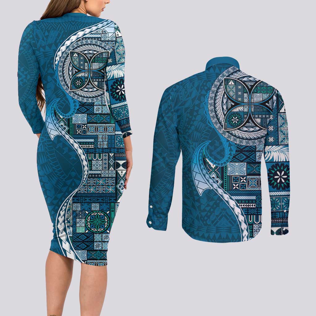 Samoan Siapo Art Tattoo Polynesian Pattern Couples Matching Long Sleeve Bodycon Dress and Long Sleeve Button Shirt Teal Color LT03 - Polynesian Pride