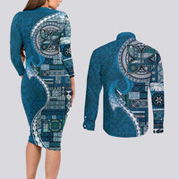 Samoan Siapo Art Tattoo Polynesian Pattern Couples Matching Long Sleeve Bodycon Dress and Long Sleeve Button Shirt Teal Color LT03 - Polynesian Pride