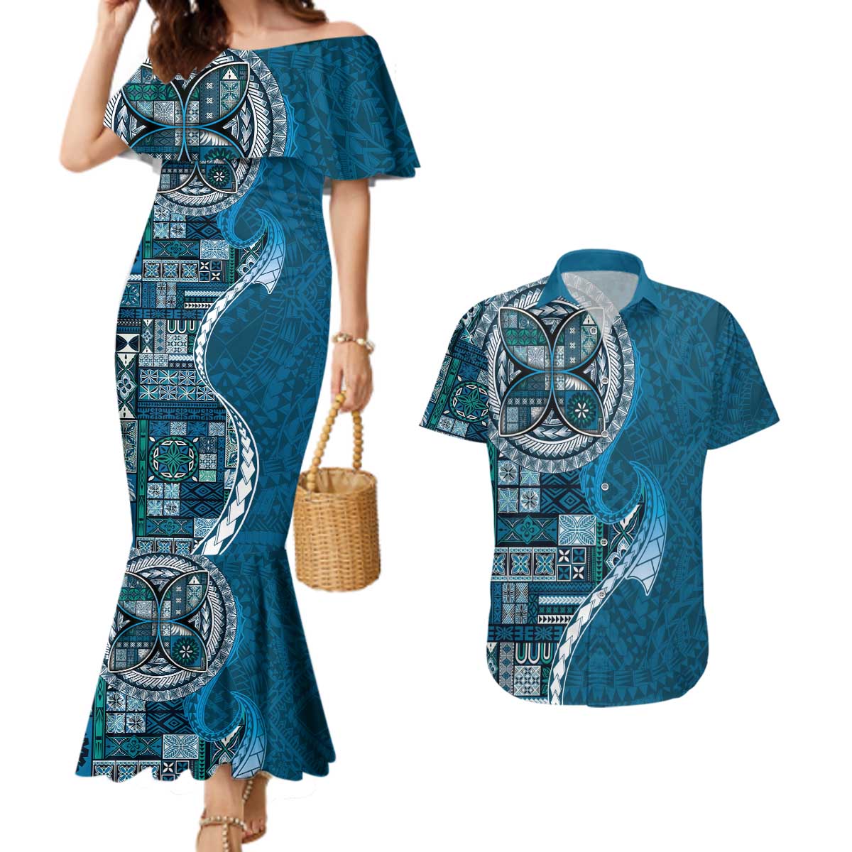 Samoan Siapo Art Tattoo Polynesian Pattern Couples Matching Mermaid Dress and Hawaiian Shirt Teal Color LT03 Teal - Polynesian Pride