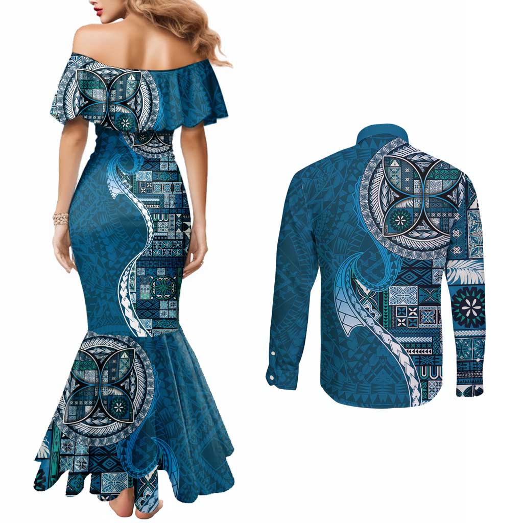 Samoan Siapo Art Tattoo Polynesian Pattern Couples Matching Mermaid Dress and Long Sleeve Button Shirt Teal Color - Polynesian Pride