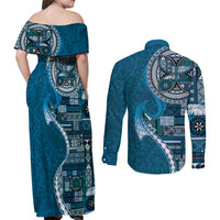 Samoan Siapo Art Tattoo Polynesian Pattern Couples Matching Off Shoulder Maxi Dress and Long Sleeve Button Shirt Teal Color - Polynesian Pride