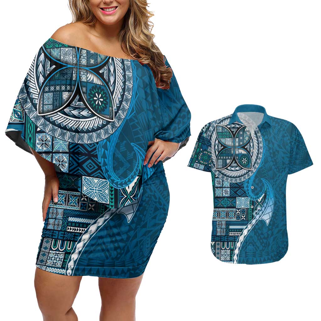 Samoan Siapo Art Tattoo Polynesian Pattern Couples Matching Off Shoulder Short Dress and Hawaiian Shirt Teal Color LT03 Teal - Polynesian Pride