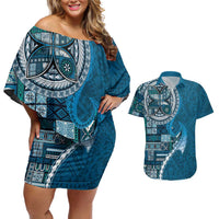 Samoan Siapo Art Tattoo Polynesian Pattern Couples Matching Off Shoulder Short Dress and Hawaiian Shirt Teal Color LT03 Teal - Polynesian Pride