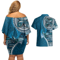 Samoan Siapo Art Tattoo Polynesian Pattern Couples Matching Off Shoulder Short Dress and Hawaiian Shirt Teal Color LT03 - Polynesian Pride