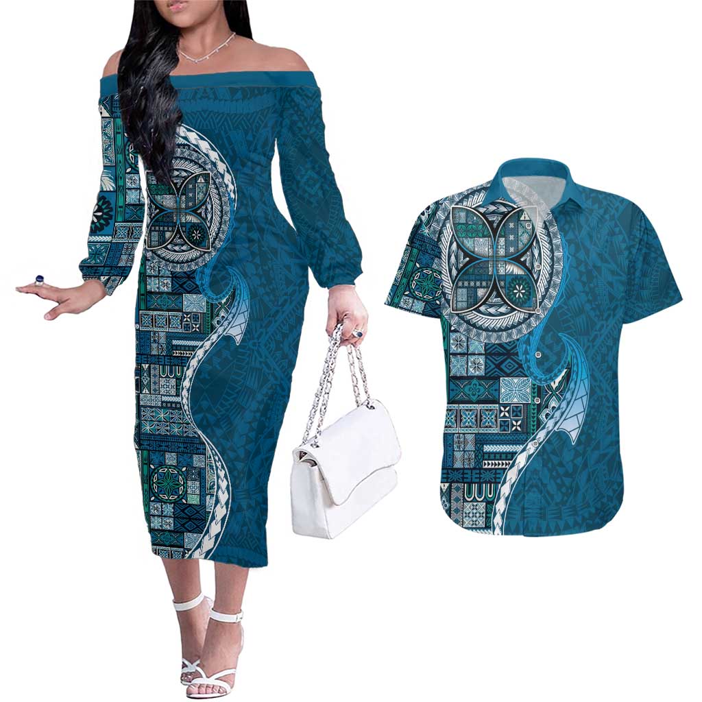 Samoan Siapo Art Tattoo Polynesian Pattern Couples Matching Off The Shoulder Long Sleeve Dress and Hawaiian Shirt Teal Color LT03 Teal - Polynesian Pride