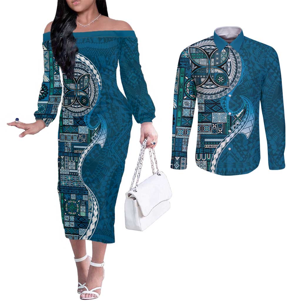 Samoan Siapo Art Tattoo Polynesian Pattern Couples Matching Off The Shoulder Long Sleeve Dress and Long Sleeve Button Shirt Teal Color LT03 Teal - Polynesian Pride
