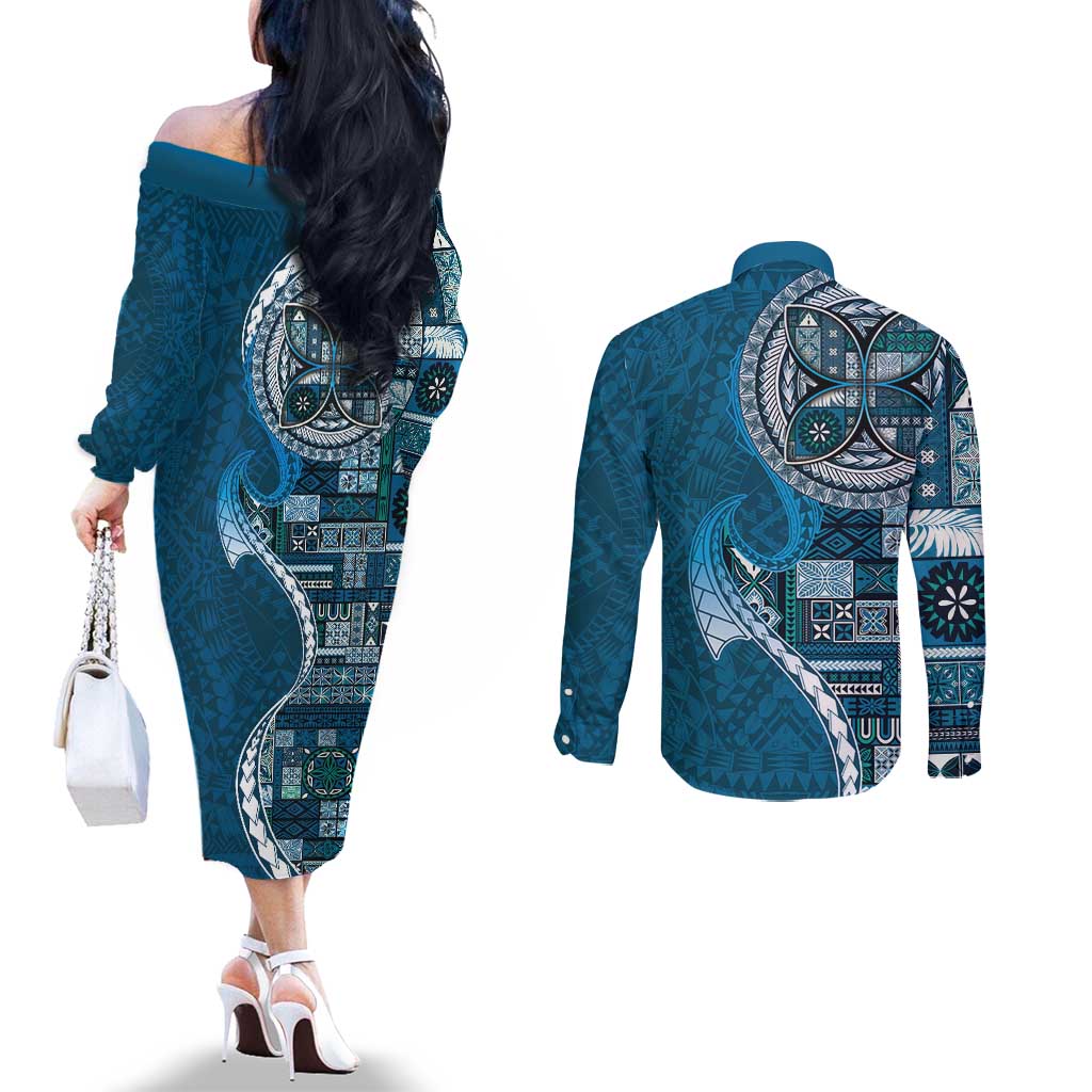 Samoan Siapo Art Tattoo Polynesian Pattern Couples Matching Off The Shoulder Long Sleeve Dress and Long Sleeve Button Shirt Teal Color LT03 - Polynesian Pride