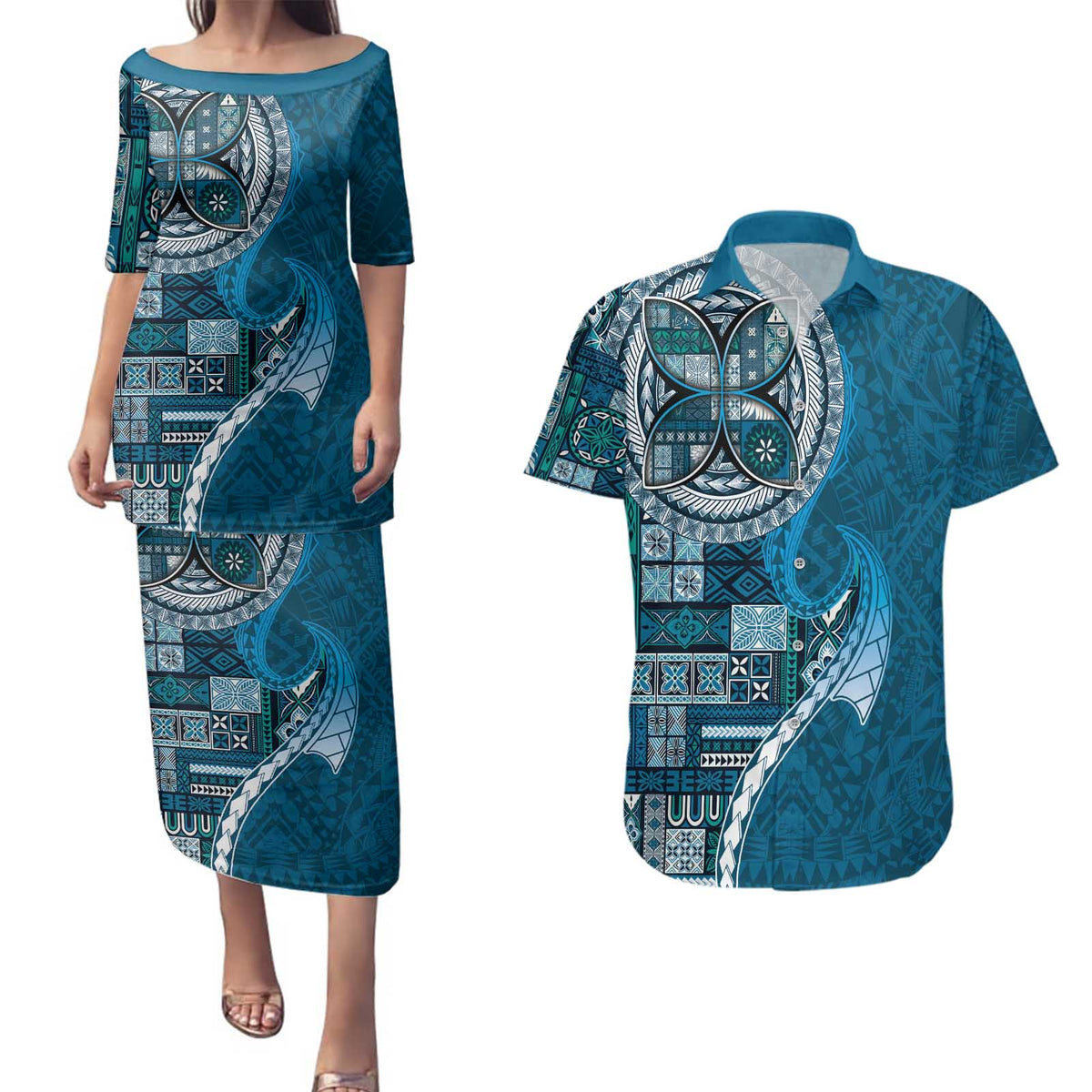 Samoan Siapo Art Tattoo Polynesian Pattern Couples Matching Puletasi and Hawaiian Shirt Teal Color - Polynesian Pride