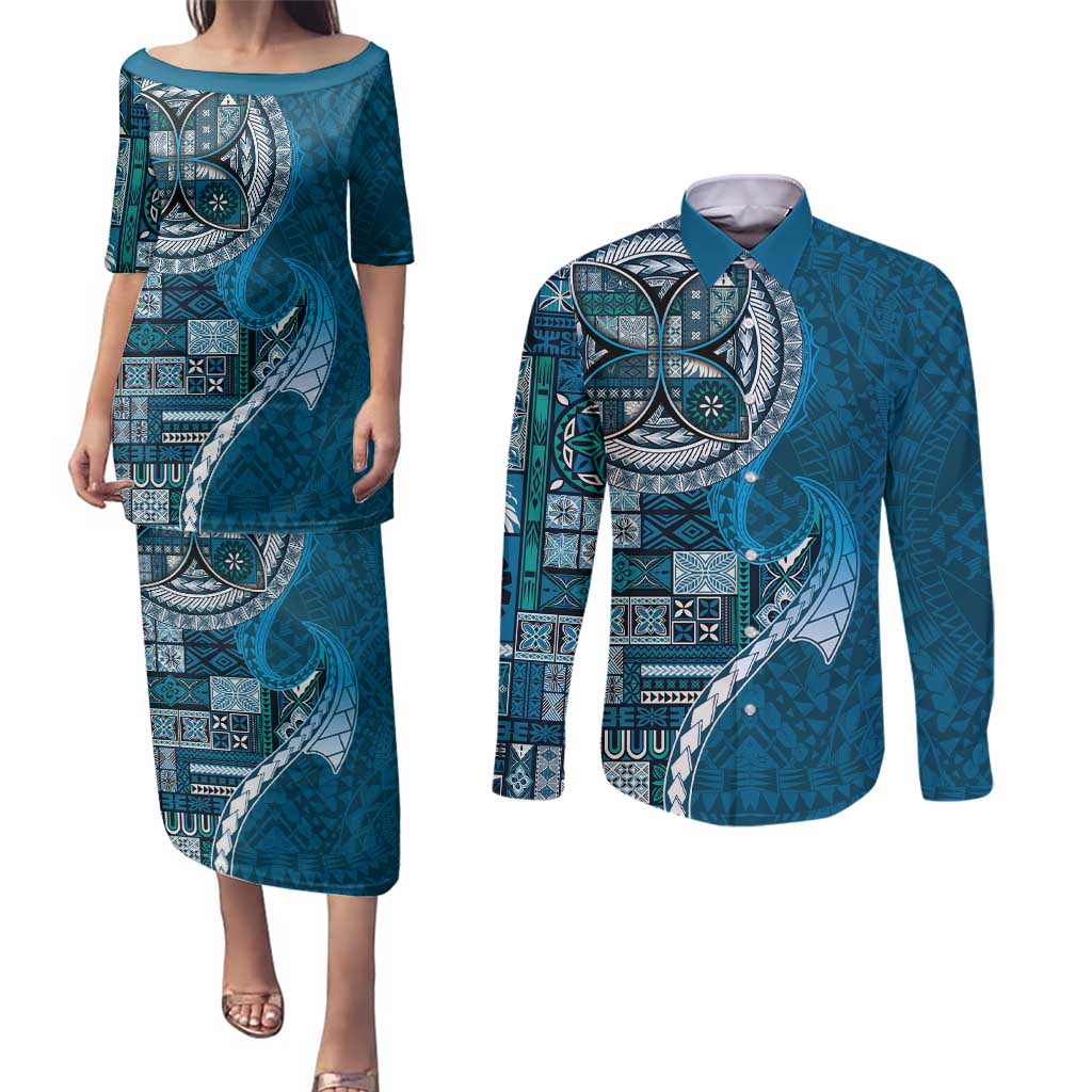 Samoan Siapo Art Tattoo Polynesian Pattern Couples Matching Puletasi and Long Sleeve Button Shirt Teal Color - Polynesian Pride