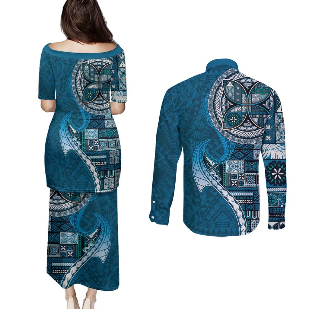 Samoan Siapo Art Tattoo Polynesian Pattern Couples Matching Puletasi and Long Sleeve Button Shirt Teal Color - Polynesian Pride