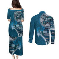 Samoan Siapo Art Tattoo Polynesian Pattern Couples Matching Puletasi and Long Sleeve Button Shirt Teal Color - Polynesian Pride