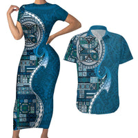 Samoan Siapo Art Tattoo Polynesian Pattern Couples Matching Short Sleeve Bodycon Dress and Hawaiian Shirt Teal Color LT03 Teal - Polynesian Pride