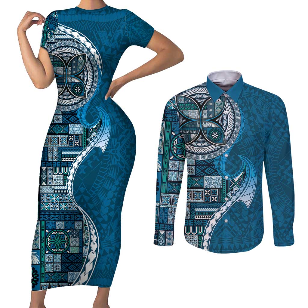 Samoan Siapo Art Tattoo Polynesian Pattern Couples Matching Short Sleeve Bodycon Dress and Long Sleeve Button Shirt Teal Color LT03 Teal - Polynesian Pride