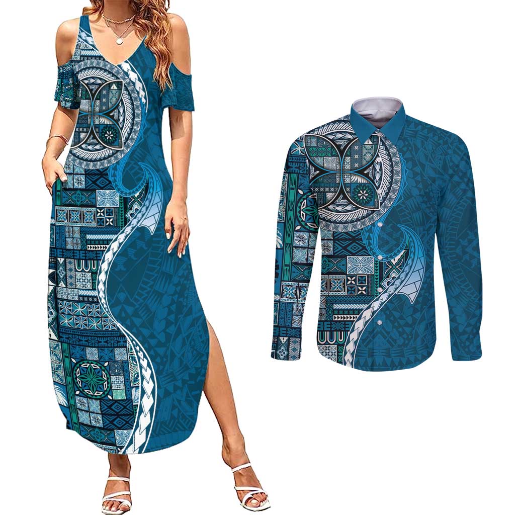 Samoan Siapo Art Tattoo Polynesian Pattern Couples Matching Summer Maxi Dress and Long Sleeve Button Shirt Teal Color - Polynesian Pride