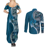 Samoan Siapo Art Tattoo Polynesian Pattern Couples Matching Summer Maxi Dress and Long Sleeve Button Shirt Teal Color - Polynesian Pride