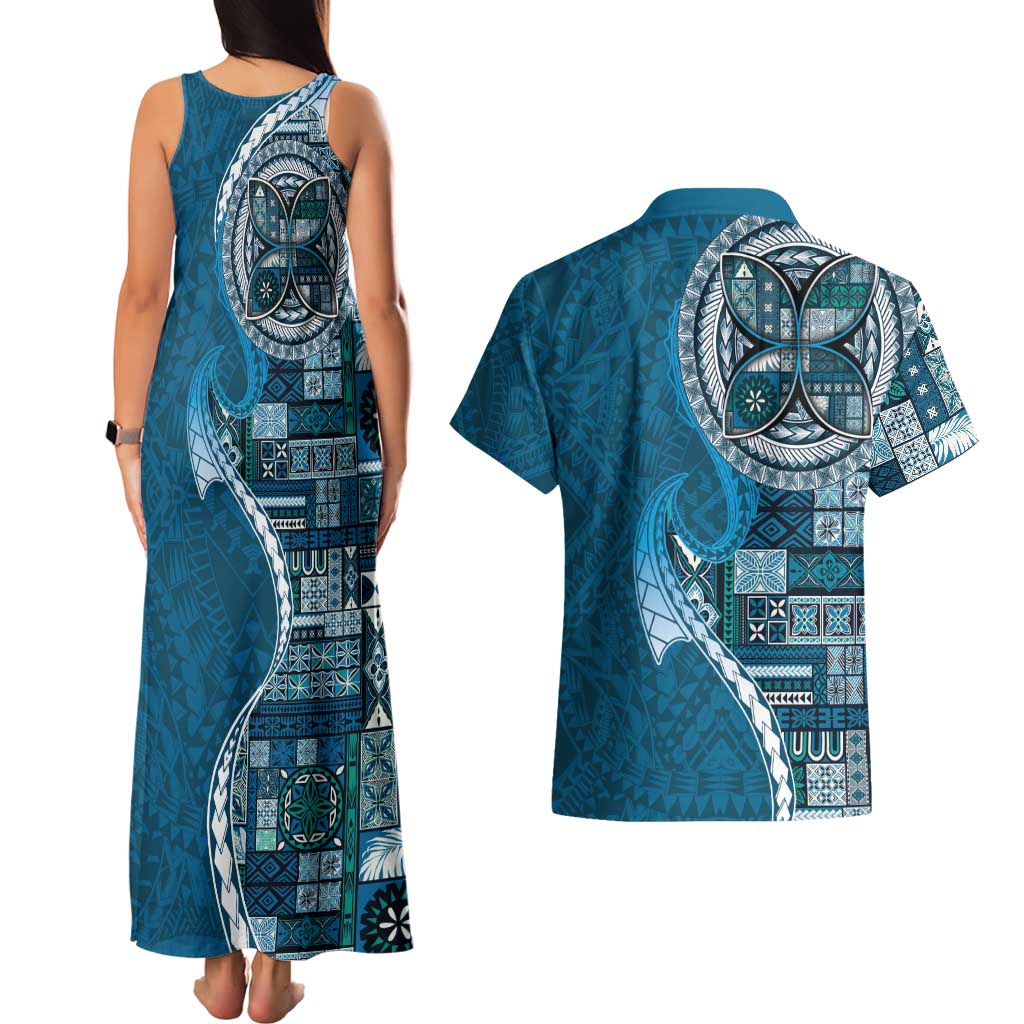 Samoan Siapo Art Tattoo Polynesian Pattern Couples Matching Tank Maxi Dress and Hawaiian Shirt Teal Color LT03 - Polynesian Pride